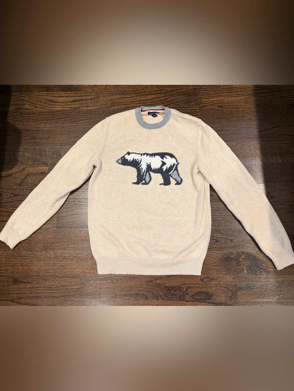 Club Room Beige Crewneck Sweater with Gray Bear Motif
